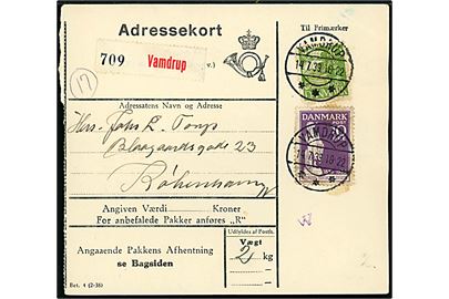 10 øre Thorvaldsen og 40 øre Karavel på adressekort for pakke fra Vamdrup d. 14.7.1939 til København.
