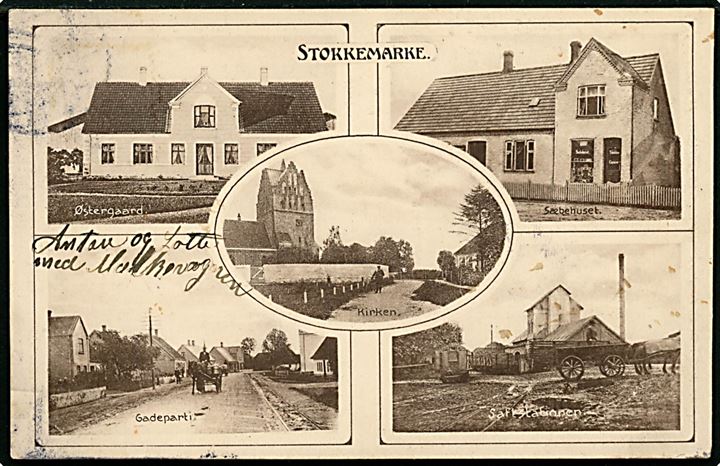 Stokkemarke. Saftstationen med jernbanen, Sæbehuset, Østergaard, Kirken og Gadeparti. H. Schmidt u/no. 