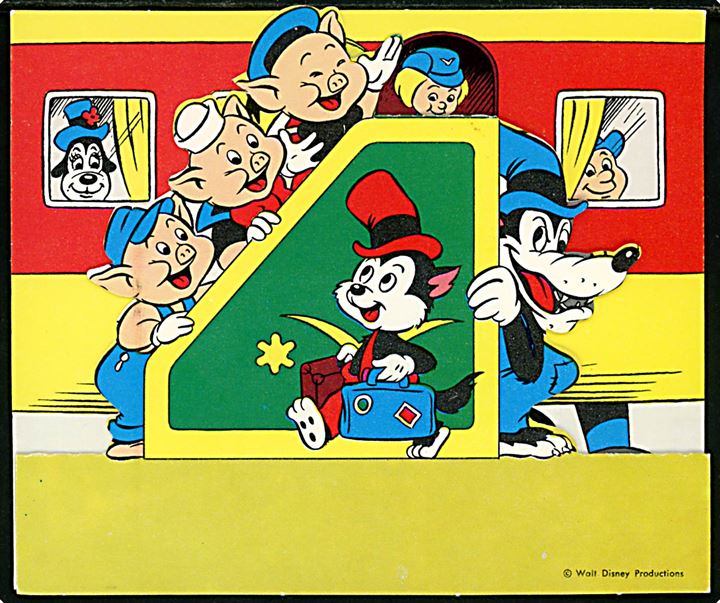 Walt Disney: De 3 små grise og Lille og Store Stygge Ulv. Fødselsdags invitations kort. I. Chr. Olsen no. 5055.