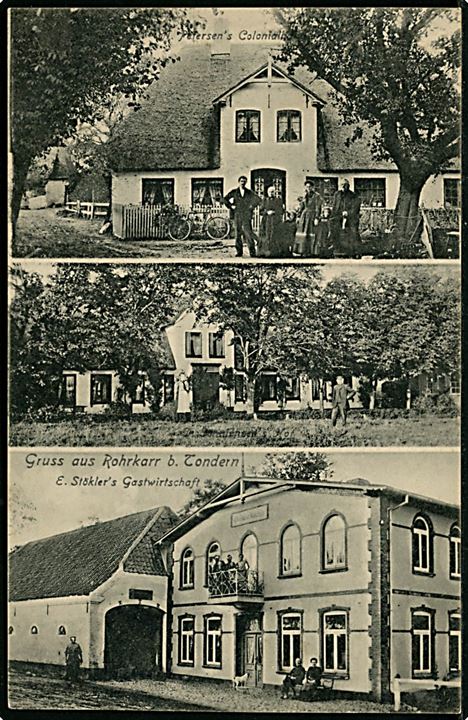 Rørkær ved Tønder med motiv fra Petersens Kolonial handel, E. Stökler´s Kro. A. Juul u/no. 