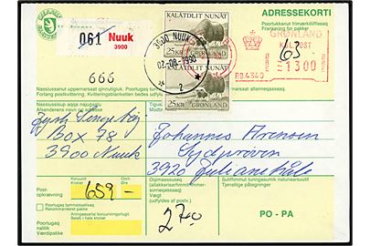 25 kr. Moskusokse (par) og 13 kr. firmafranko på adressekort for pakke med postopkrævning fra Nuuk d. 2.8.1990 til Sydprøven pr. Julianehåb. På bagsiden stempel: Postindleveringssted Alluitsup Paa 3920 Qaoqortoq.
