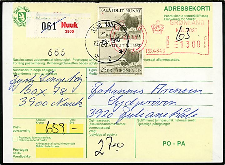 25 kr. Moskusokse (par) og 13 kr. firmafranko på adressekort for pakke med postopkrævning fra Nuuk d. 2.8.1990 til Sydprøven pr. Julianehåb. På bagsiden stempel: Postindleveringssted Alluitsup Paa 3920 Qaoqortoq.