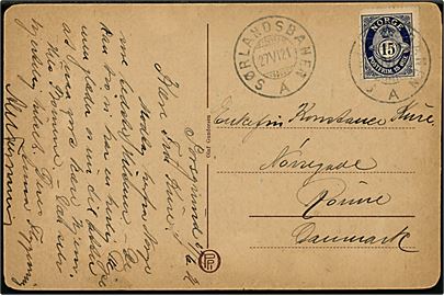 15 øre Posthorn på brevkort fra Porsgrund annulleret med bureaustempel Sørlandsbanen A d. 27.6.1921 til Rønne, Danmark.