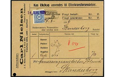 Danske Statsbaner. 100 øre fragtmærke på Aarhus Rutebilstation kuvert annulleret med liniestempel d. 14.8.1936 fra firma Carl Nielsen i Aarhus til Aandssvageanstalten Sølund pr. Skanderborg.