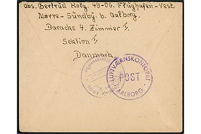 40 øre posthusfranko Aalborg d. 7.11.1947 på flygtningebrev fra tysk kvinde til Stuttgart, Tyskland. På bagsiden stemplet: Flygtningelejr 49-06 Lufthavn Vest / Poststempel / Nørresundby og Luftværnskontoret / Post / * Aalborg *.