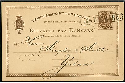 6 øre helsagsbrevkort fra Kjøbenhavn d. 15.11.1884 annulleret med svensk skibsstempel Från Danmark til Ystad, Sverige. På bagsiden ank.stemplet i Ystad d. 15.11.1884.