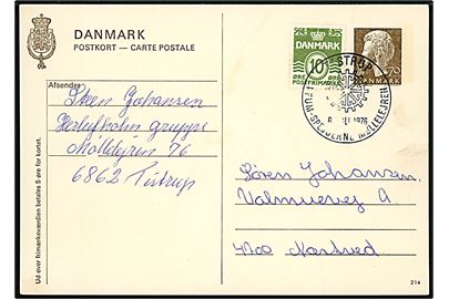 70 øre Margrethe helsagsbrevkort (fabr. 214) opfrankeret med 10 øre Bølgelinie fra spejder i Herlufholm gruppe annulleret med særstempel Tistrup KFUM-Spejderne Møllelejren d. 6.7.1976 til Næstved.