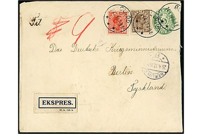 5 øre helsagskuvert opfrankeret med 10 øre og 25 øre Chr. X sendt som ekspres fra Ølgod d. 24.4.1917 til det tysker krigsministerium i Berlin, Tyskland. Stempler og påtegninger som viser at brevet er blevet befordret med rørpost i Berlin.