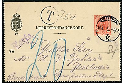 10 øre Fr. VIII helsags korrespondancekort sendt underfrankeret fra Kjøbenhavn d. 19.8.1910 til Wiesbaden, Tyskland. T og Porto stempler, samt udtakseret i 20 pfg. tysk porto.
