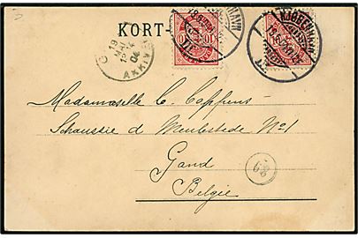 10 øre Våben (2) på korrekt 20 øre frankeret Kort-Brev (Postbud med påklæbet kuvert) fra Kjøbenhavn III d. 18.5.1904 til Gent, Belgien.