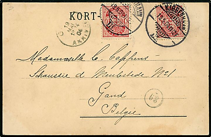 10 øre Våben (2) på korrekt 20 øre frankeret Kort-Brev (Postbud med påklæbet kuvert) fra Kjøbenhavn III d. 18.5.1904 til Gent, Belgien.