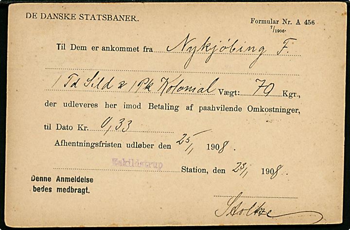 3 øre Bølgelinie på lokalt adviskort fra De Danske Statsbaner stemplet Eskildstrup d. 23.1.1908.