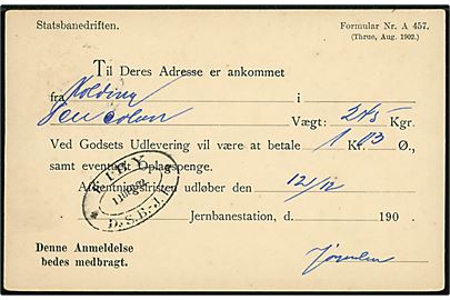 3 øre Tofarvet på Statsbanedriften adviskort sendt lokalt i Eiby d. 11.12.1902. På bagsiden ovalt jernbanestempel EIBY * D.S.B. - J.F. * d. 11.12.1902.