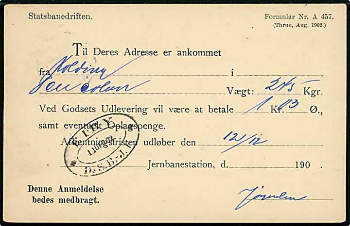 3 øre Tofarvet på Statsbanedriften adviskort sendt lokalt i Eiby d. 11.12.1902. På bagsiden ovalt jernbanestempel EIBY * D.S.B. - J.F. * d. 11.12.1902.