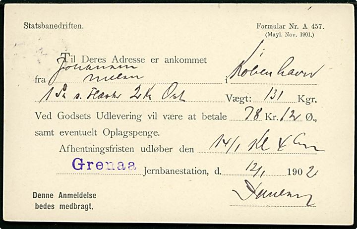 5 øre Våben på Statsbanedriften adviskort ankommen gods annulleret med lapidar Grenaa d. 12.1.1902 til E. Bjørn på Anholt pr. adr. Postfører Petersen Havnen. På bagsiden liniestempel Grenaa.