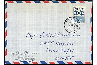 80+10 øre Flygtning 66 udg. på luftpostkuvert fra Fredericia d. 5.1.1967 til major Kristensen ved UNEF Hospital, Camp Rafah, UNEF. Indgående brev til de danske FN-styrker i Gaza. Bagklap mgl.
