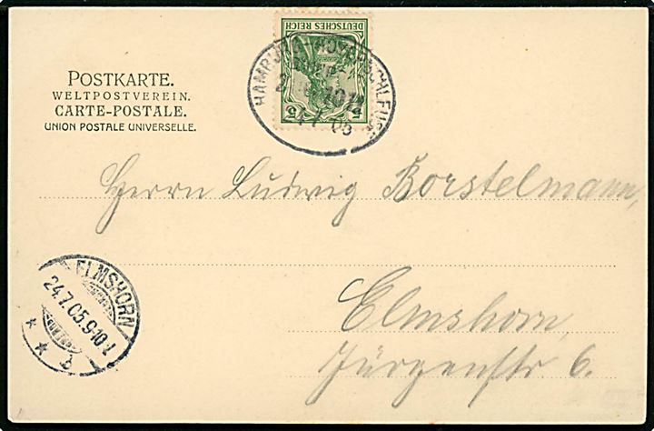 5 pfg. Germania på brevkort (Gruss aus Krempermoor) annulleret med bureaustempel Hamburg - Hoyerschleuse Bahnpost Zug 1011 d. 24.7.1905 til Elmshorn.