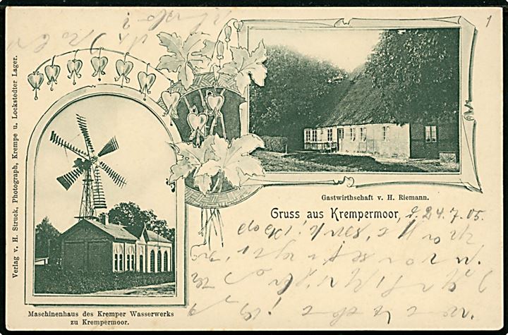 5 pfg. Germania på brevkort (Gruss aus Krempermoor) annulleret med bureaustempel Hamburg - Hoyerschleuse Bahnpost Zug 1011 d. 24.7.1905 til Elmshorn.