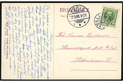 5 øre Fr. VIII på brevkort (Vallekilde Korskirke og Præstebolig) annulleret med stjernestempel VALLEKILDE og sidestemplet Hørve d. 12.3.1908 til København.