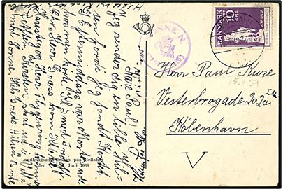 10 øre Thorvaldsen på brevkort annulleret Rønne B. d. 15.1.1939 og sidestemplet med posthornstempel RØNNE N. (RØNNE) til København.