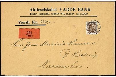 25 øre Chr. X single på værdibrev fra Varde d. 11.8.1915 til Nordenskov. Mærket Afs. F. (= Afsenders Frankering)