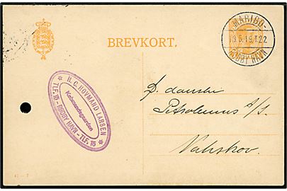 7 øre helsagsbrevkort (fabr. 47-C) fra Rødby Havn annulleret med bureaustempel Maribo - Rødby Havn T.22 d. 18.5.1919 til Nakskov. Arkivhul.