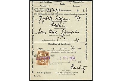 10 øre Gebyrmærke annulleret med liniestempel Fjerritslev på beklippet postkvittering for postanvisning sendt d. 1.3.1934.