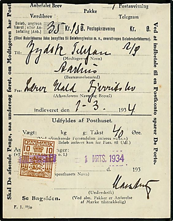 10 øre Gebyrmærke annulleret med liniestempel Fjerritslev på beklippet postkvittering for postanvisning sendt d. 1.3.1934.