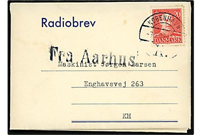 20 øre Chr. X på DFDS Radiobrev - F.E.B. 7.39.250 Bl.á 100 Blade Form. 446 - med meddelelse fra M/S Arizona ved Dover på rejse til Santos modtaget ombord på provinsbåden M/S C. F. Tietgen annulleret København d. 9.7.1947 og sidestemplet Fra Aarhus til København.