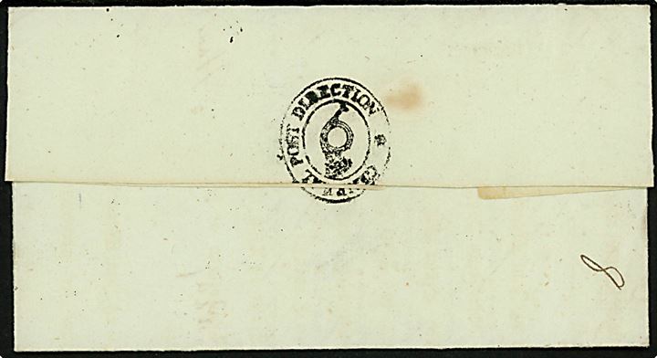 1830. Tjenestebrev mærket K.T. fra Det kgl. Generalpostdirection i Kjøbenhavn dateret d. 27.2.1830 til Det kgl. postkontor i Grenaa. På bagsiden sort seglstempel: General Post Direction / (Posthorn).