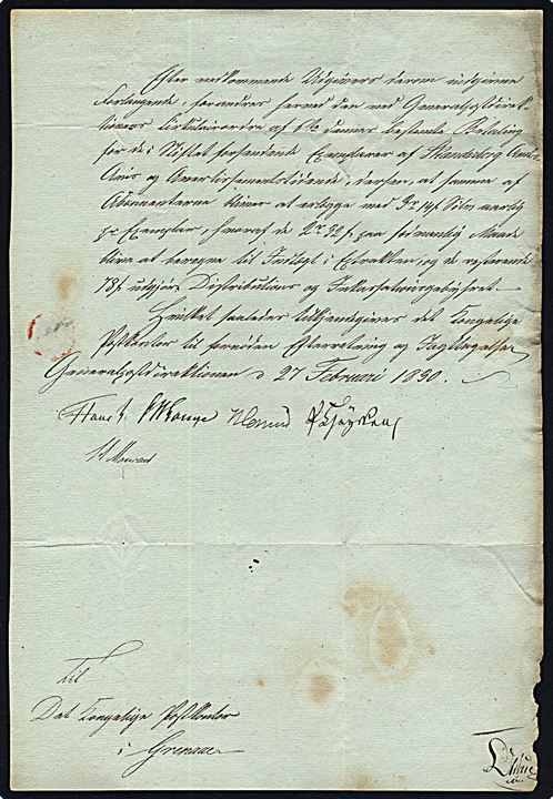 1830. Tjenestebrev mærket K.T. fra Det kgl. Generalpostdirection i Kjøbenhavn dateret d. 27.2.1830 til Det kgl. postkontor i Grenaa. På bagsiden sort seglstempel: General Post Direction / (Posthorn).