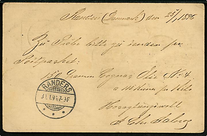 10 øre Våben helsagsbrevkort annulleret med lapidar Randers JB.PE. d. 25.1.1896 til Budapest, Ungarn. Retur på grund af utilstrækkelig adresse med 2-sproget returetiket insuffisance d'adresse..