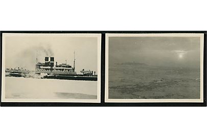 Prins Christian, DSB Storebæltsfærge under isvinter, samt udsigt mod Sprogø i isfyldt vand. To små fotografier 6x8 cm.