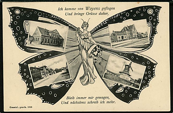 Vojens, Sommerfugle-hilsen med prospekter fra bl.a. jernbanestation og mølle. Glückstadt & Münden no. 26398.