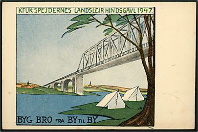 K.F.U.K. Spejdernes Landslejr Hindsgavl 1947. BYG BRO fra BY til BY. Frankeret med 15 øre Chr. X annulleret med spejder særstempel Middelfart KFUK-Spejderne Hindsgavl d. 28.7.1947 til Norge. Sendt fra deltager på landslejren. 