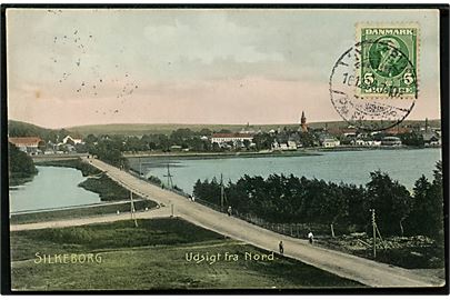 Silkeborg, udsigt fra nord. Stenders no. 5184. Frankeret med 5 øre Chr. IX på billedsiden og sendt som tryksag fra Nykjøbing Falster d. 16.1.1906 via tysk bureau Berlin-Warnemünde Bahnpost Zug 16 til Oran, Algeriet.