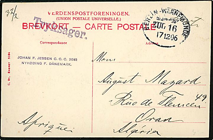 Silkeborg, udsigt fra nord. Stenders no. 5184. Frankeret med 5 øre Chr. IX på billedsiden og sendt som tryksag fra Nykjøbing Falster d. 16.1.1906 via tysk bureau Berlin-Warnemünde Bahnpost Zug 16 til Oran, Algeriet.