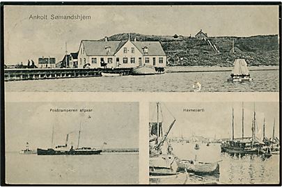 Anholt, sømandshjem, postdamper og havneparti. J.U.N. no. 9653. Frankeret med 15 øre Chr. X annulleret brotype IIa Anholt Havn d. 13.8.1920 via Kjøbenhavn til Marstal.