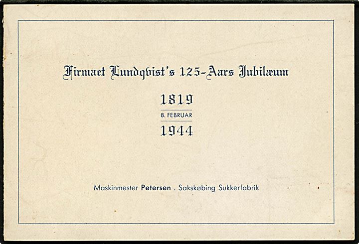 Sakskøbing, Firmaet Lundqvist's 125-Aars Jubilæum, ill. klapkort u/no.