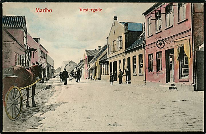 Maribo, Vestergade. L. Christensen no. 90. Afrevet frimærke.