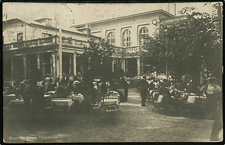 Charlottenlund Palmehave. Fotokort Kunstforlaget National A/S u/no. Med 5 øre Fr. VIII sendt fra København d. 30.07.1910 til Koldby, Samsø. Kortet er returneret til København, sidestempel KOLDBY d. 01.08.1910.