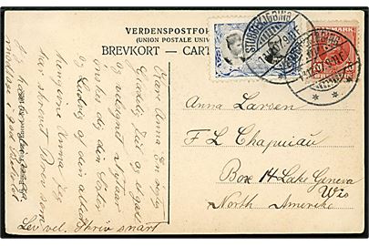 10 øre Fr. VIII og Julemærke 1907 på brevkort fra Stubbekjøbing d. 11.12.1907 til Lake Geneva, Wis., USA. 