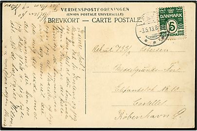 5 øre Bølgelinie på brevkort (Store Mose, Fejø) annulleret med brotype Ia Fejø d. 3.5.1913 til rekrut på Middelgrund Fortet via Elefantstok No. 10, Castellet, København Ø*.