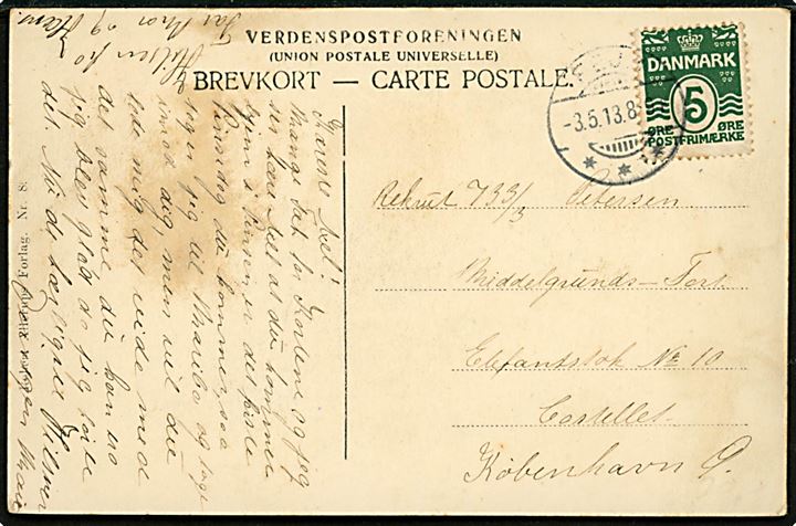 5 øre Bølgelinie på brevkort (Store Mose, Fejø) annulleret med brotype Ia Fejø d. 3.5.1913 til rekrut på Middelgrund Fortet via Elefantstok No. 10, Castellet, København Ø*.