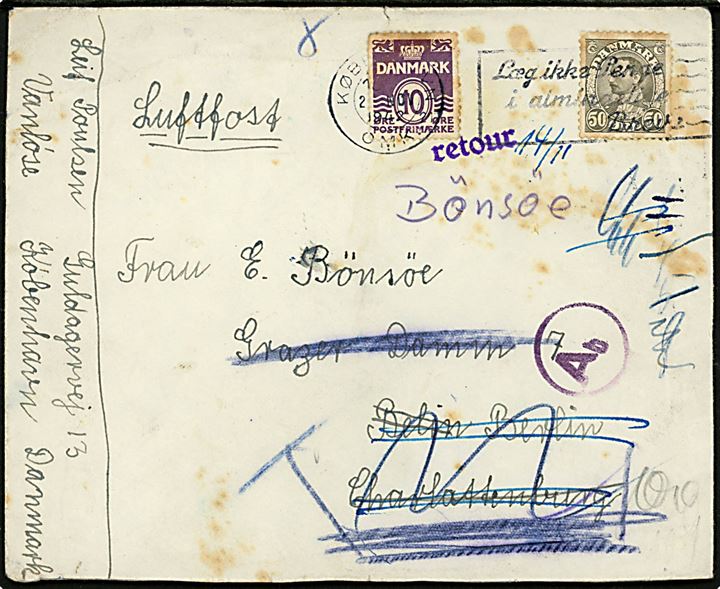 10 øre Bølgelinie og 50 øre Chr. X på luftpostbrev fra København d. 2.11.1942 til Berlin-Charlottenburg, Tyskland. Retur som ubekendt med mange stempler og 2-sproget returetiket Unbekannt / inconnu og passér stemplet Ab ved censuren i Berlin. 