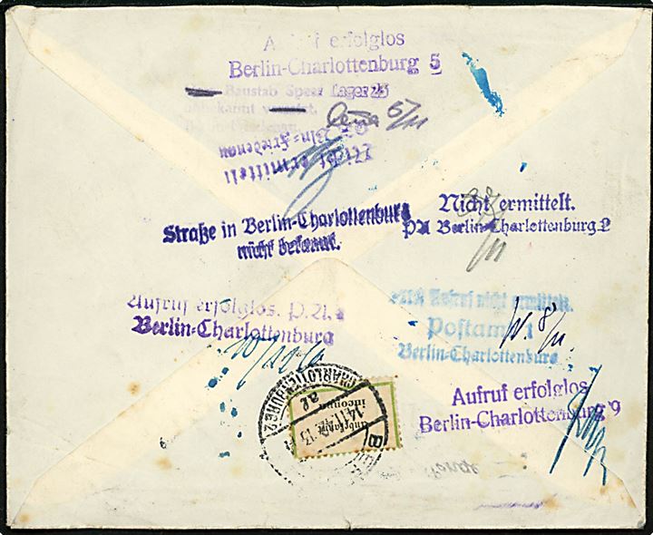 10 øre Bølgelinie og 50 øre Chr. X på luftpostbrev fra København d. 2.11.1942 til Berlin-Charlottenburg, Tyskland. Retur som ubekendt med mange stempler og 2-sproget returetiket Unbekannt / inconnu og passér stemplet Ab ved censuren i Berlin. 