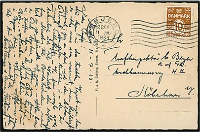 10 øre Bølgelinie på brevkort fra Nordborg på Fanø annulleret Esbjerg d. 11.7.1933 til Trafikinspektør C. Bayer, Ridder af Dannebrog, i København.