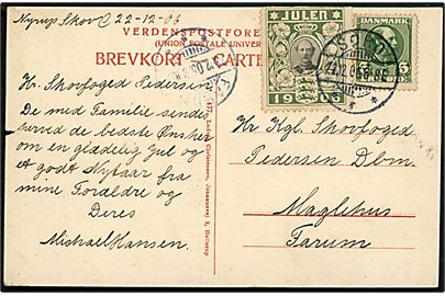 5 øre Chr. IX og ombøjet Julemærke 1906 på brevkort fra Sorø d. 22.12.1906 til Kgl. Skovfoged Pedersen, Dannebrogsmand i Maglehus pr. Farum.