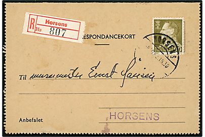 90 øre Fr. IX single på anbefalet lokalt korrespondancekort fra Horsens Byrets Tinglysningskontor stemplet Horsens d. 8.10.1962.