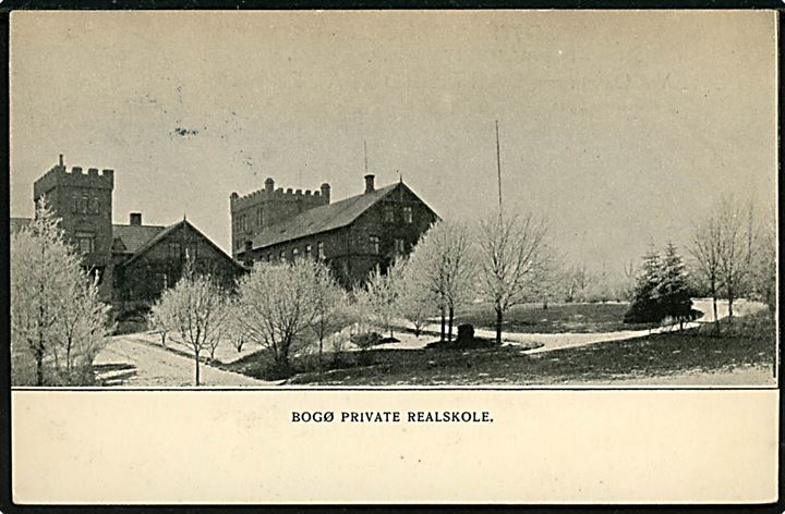 5 øre Fr. VIII på brevkort (Bogø private realskole) annulleret med bureaustempel Kjøbenhavn - Nykjøbing F. T.94 d. 30.9.1909 til København.